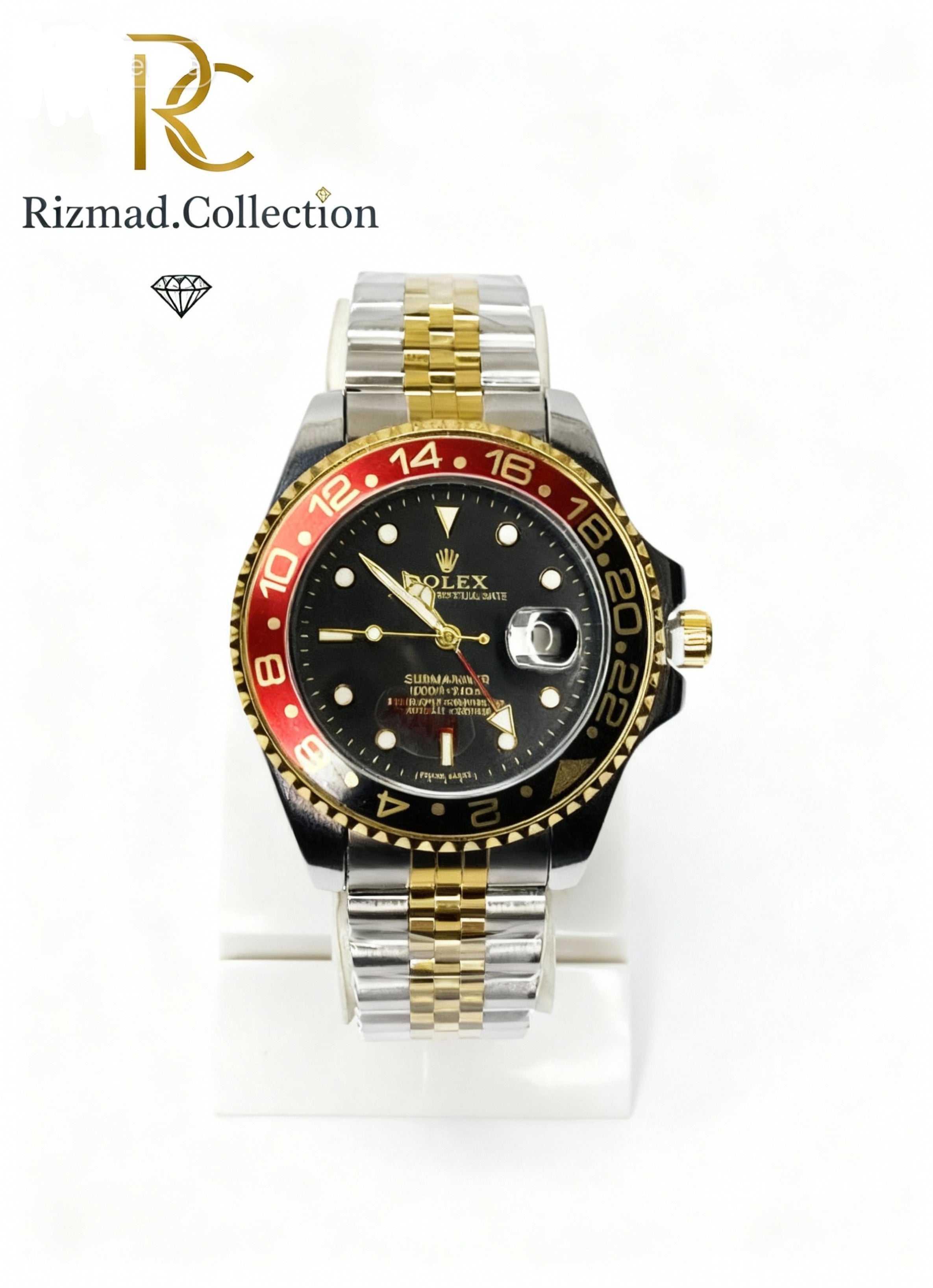 Luxury Two-Tone Men’s Watch – Black Dial with Red Bezel | Free Box &Packaging