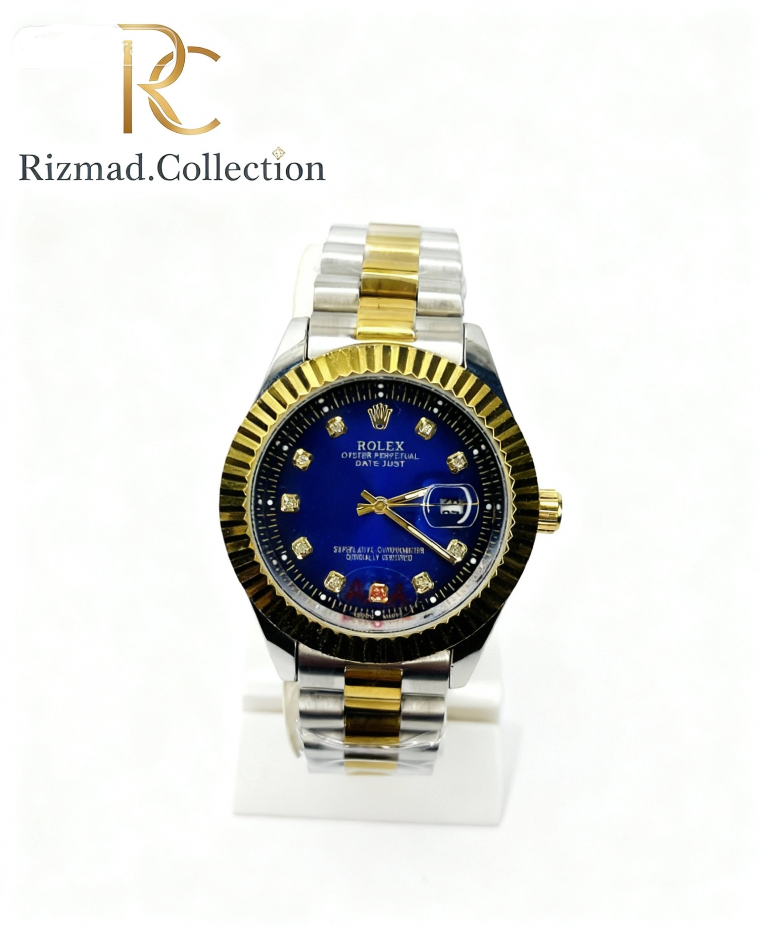 Luxury Men’s Two Tone Analog Watch – Blue Dial with Date Display (Gold & Silver) | Free Box & Packaging