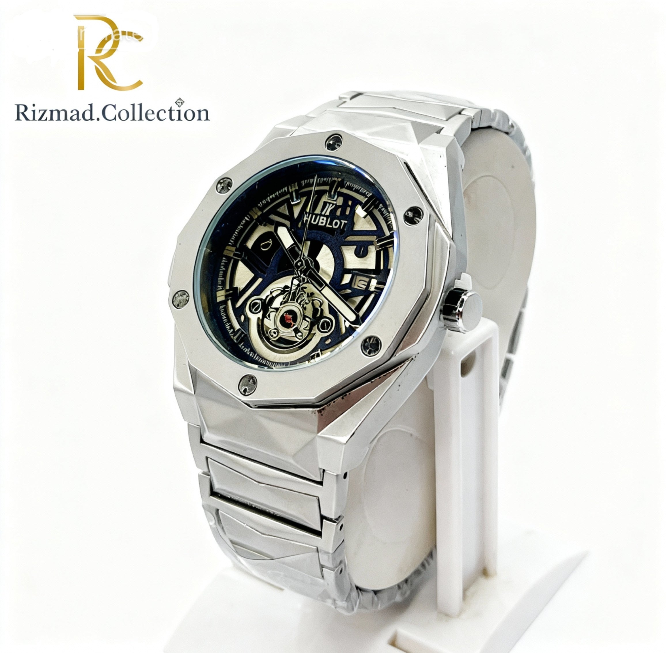 Hublot-Style Luxury Skeleton Men’s Watch – Silver Stainless Steel Design | Free Box & Packaging