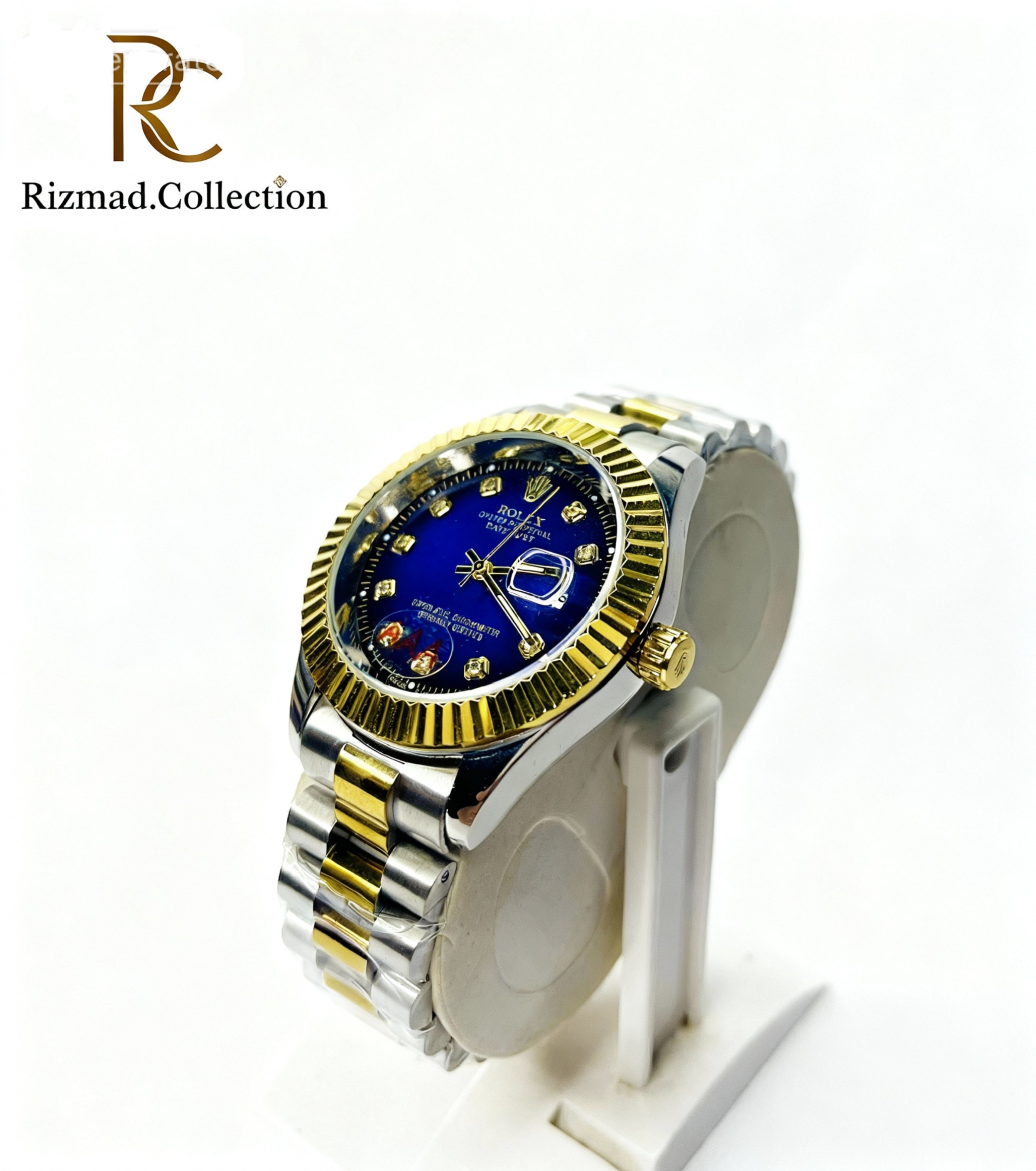 Luxury Men’s Two Tone Analog Watch – Blue Dial with Date Display (Gold & Silver) | Free Box & Packaging