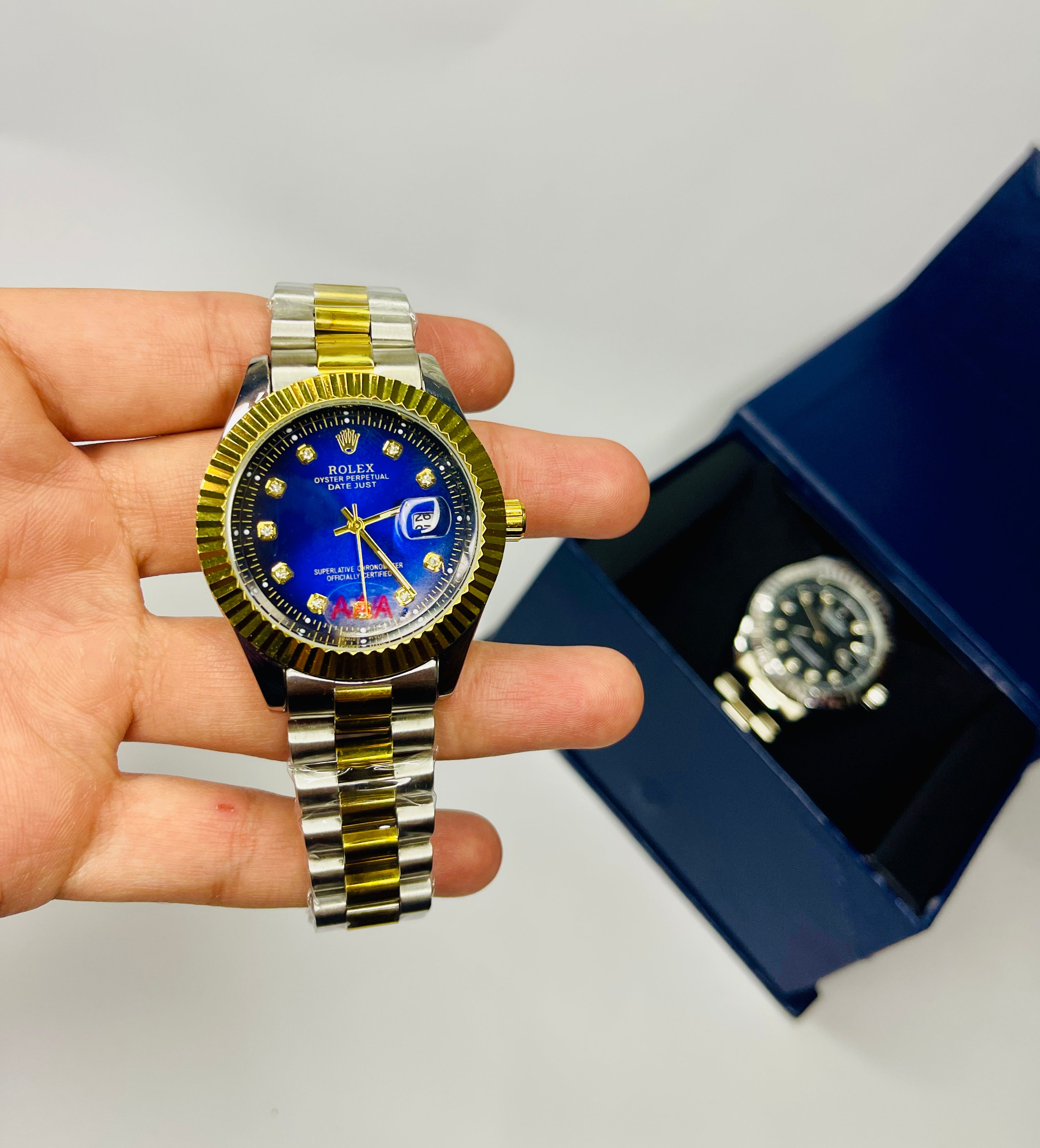 Luxury Men’s Two Tone Analog Watch – Blue Dial with Date Display (Gold & Silver) | Free Box & Packaging