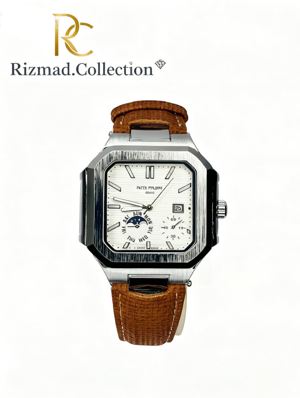 Luxury Automatic Men’s Watch – Square Dial, Leather Strap, Day Date | Free Box & Packaging