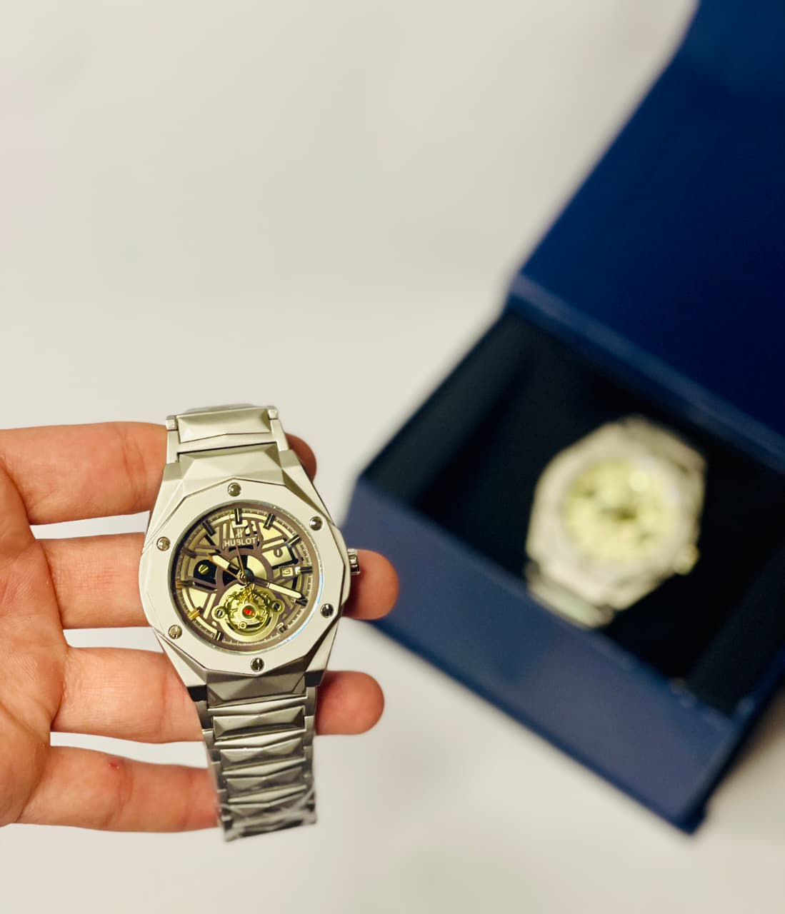 Hublot-Style Luxury Skeleton Men’s Watch – Silver Stainless Steel Design | Free Box & Packaging