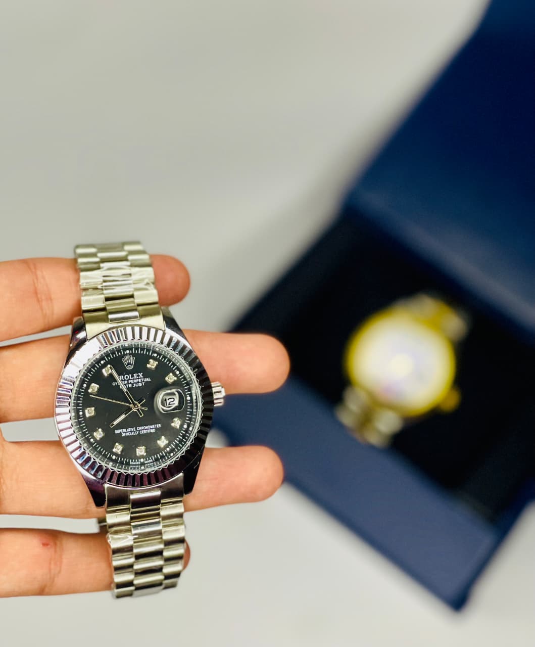 Luxury Men’s Two Tone Analog Watch – Blue Dial with Date Display (Gold & Silver) | Free Box & Packaging