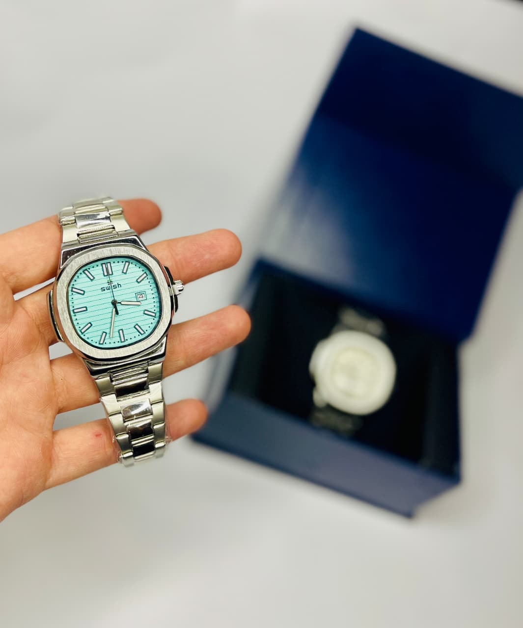 Swish Men’s Stainless Steel Watch – Sea Green Dial with Silver Strap | Free Box & Packaging