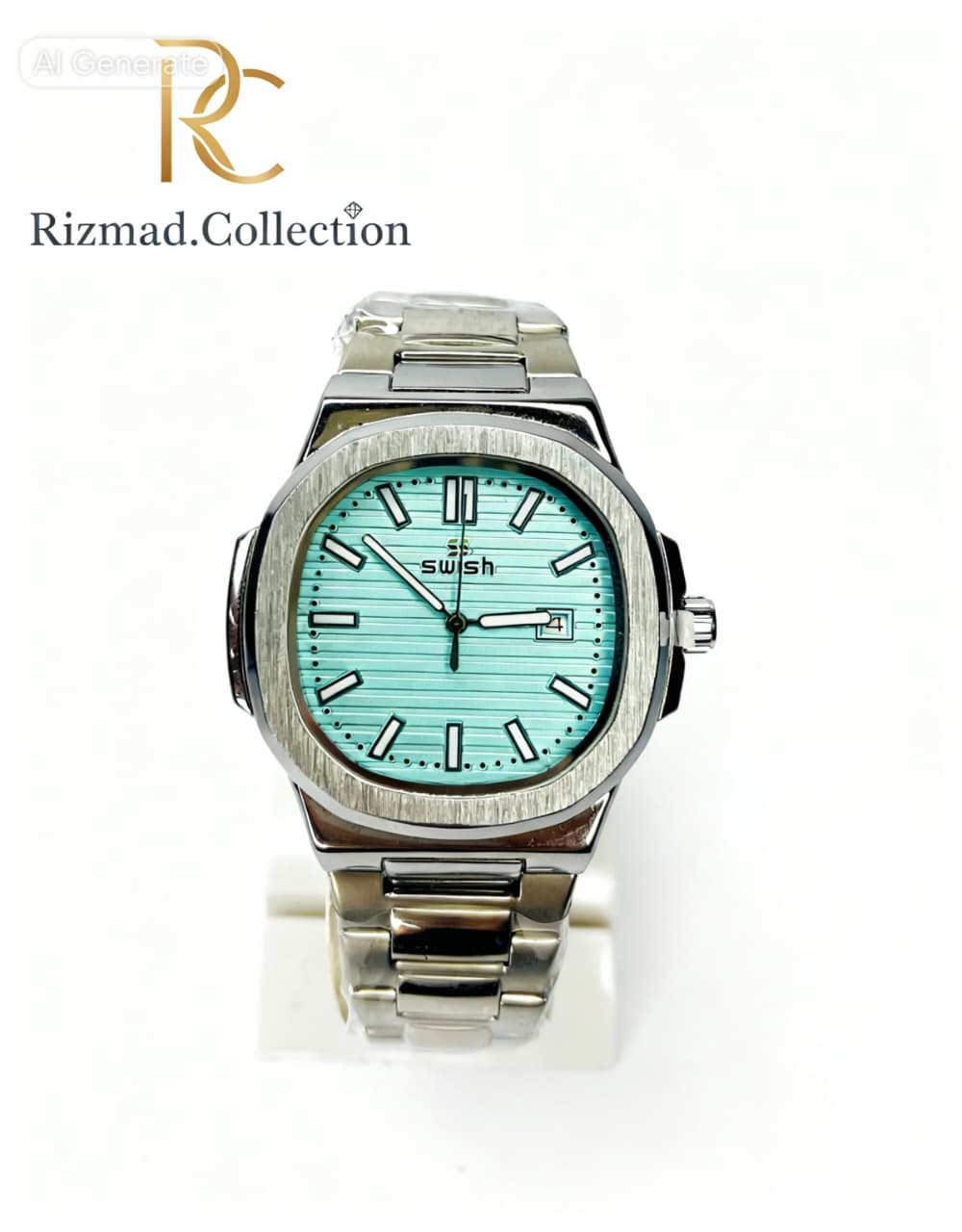 Swish Men’s Stainless Steel Watch – Sea Green Dial with Silver Strap | Free Box & Packaging