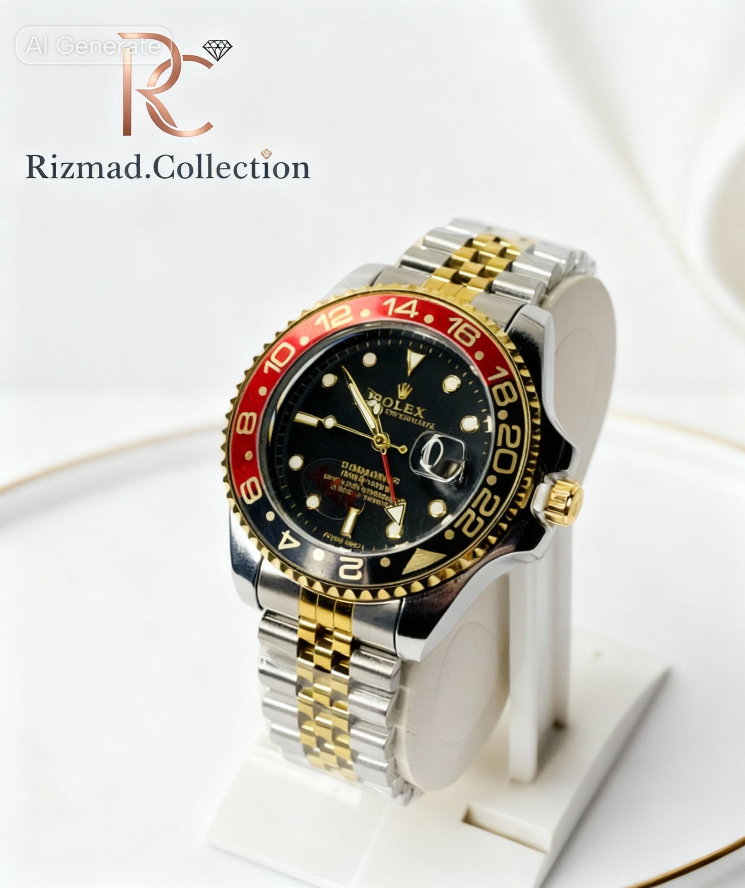 Luxury Two-Tone Men’s Watch – Black Dial with Red Bezel | Free Box &Packaging